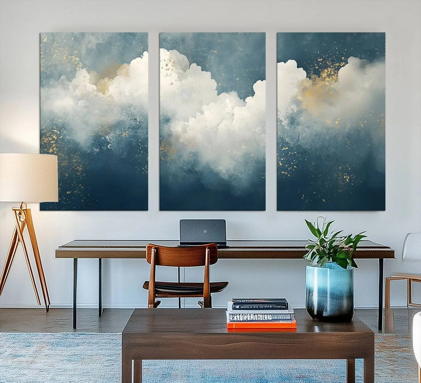 75131-MGV-CV-48X32-3P-Abstract Canvas Wall Art - Textured Blue and White Painting with Gold Accents - Modern Minimalist