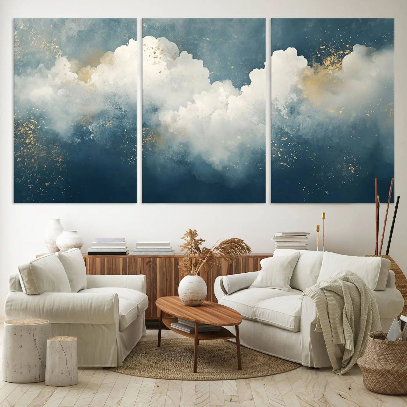 75131-MGV-CV-60X30-3P-Abstract Canvas Wall Art - Textured Blue and White Painting with Gold Accents - Modern Minimalist