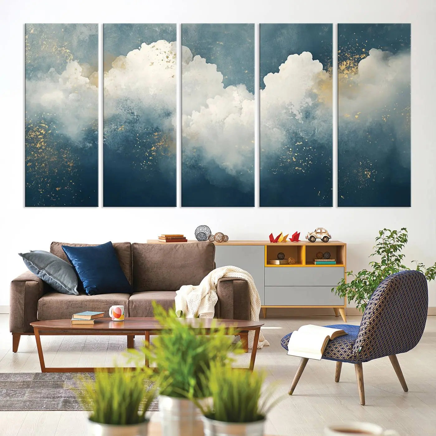 75131-MGV-CV-60X31-5P-Abstract Canvas Wall Art - Textured Blue and White Painting with Gold Accents - Modern Minimalist
