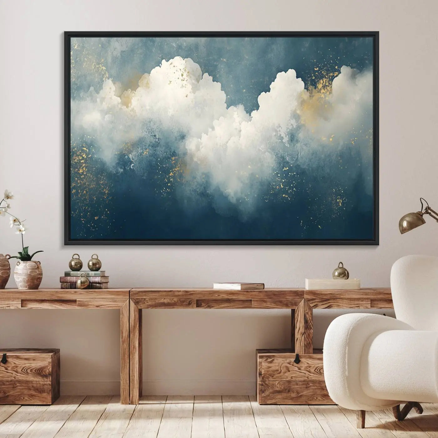 75131-MGV-FC-36X24_Black-Abstract Canvas Wall Art - Textured Blue and White Painting with Gold Accents - Modern Minimalist