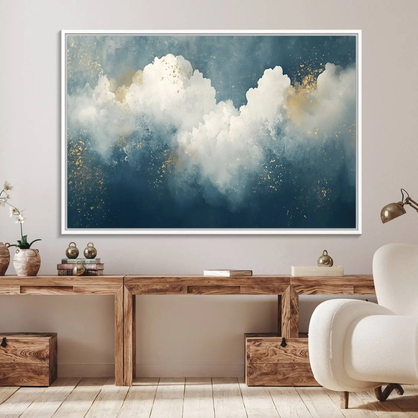 75131-MGV-FC-36X24_White-Abstract Canvas Wall Art - Textured Blue and White Painting with Gold Accents - Modern Minimalist