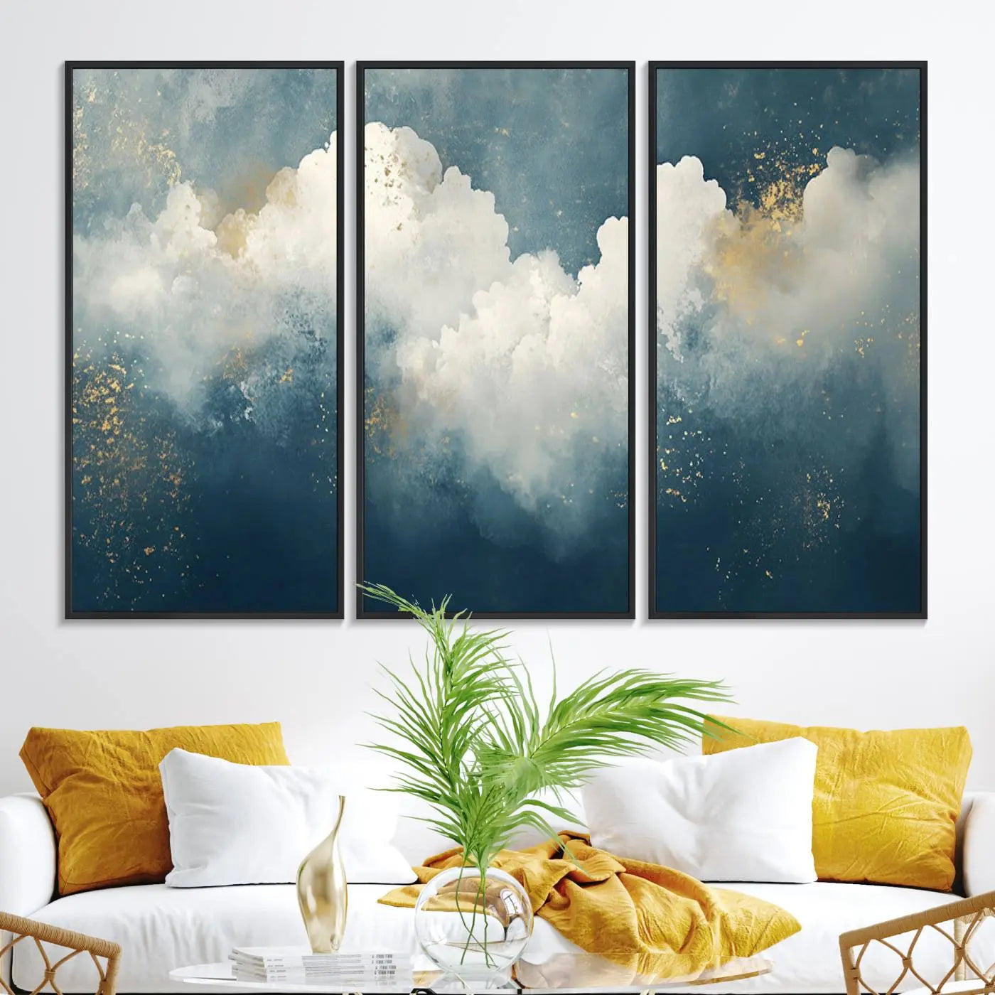 75131-MGV-FC-48X32-3P_Black-Abstract Canvas Wall Art - Textured Blue and White Painting with Gold Accents - Modern Minimalist