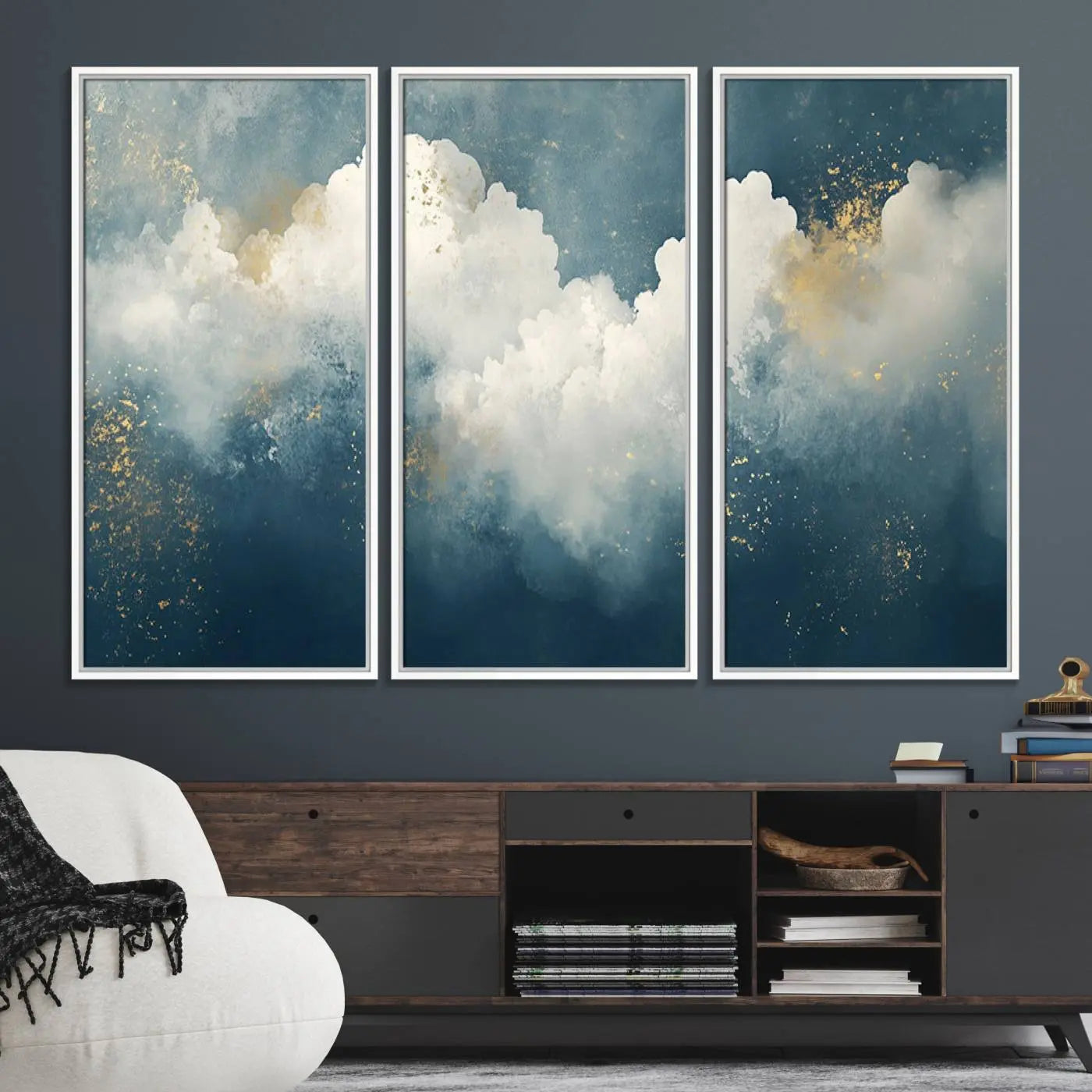 75131-MGV-FC-48X32-3P_White-Abstract Canvas Wall Art - Textured Blue and White Painting with Gold Accents - Modern Minimalist