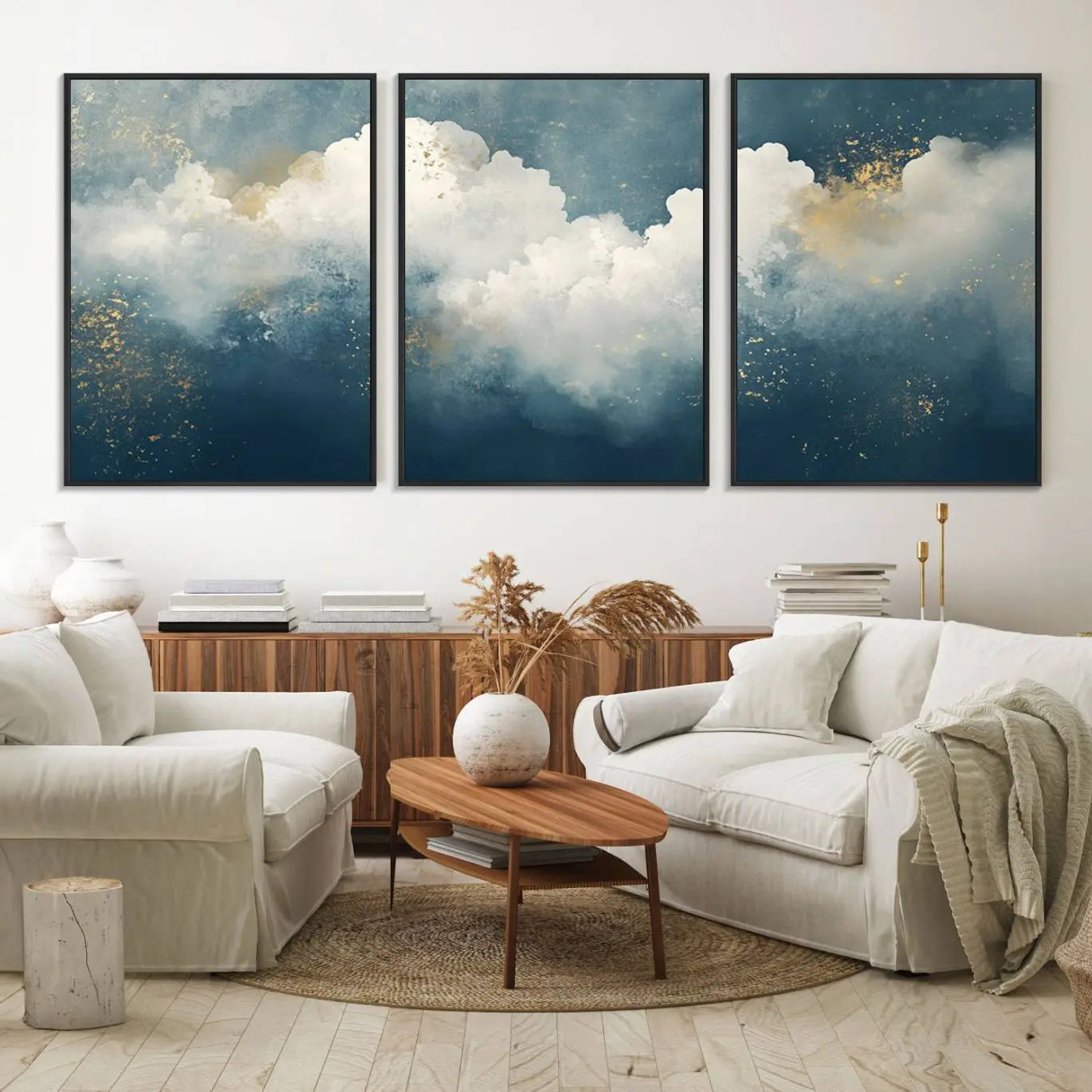 75131-MGV-FC-60X30-3P_Black-Abstract Blue White Wall Art Canvas Print – Modern Gold Accent Minimalist Artwork for Home, Office, Living Room Decor