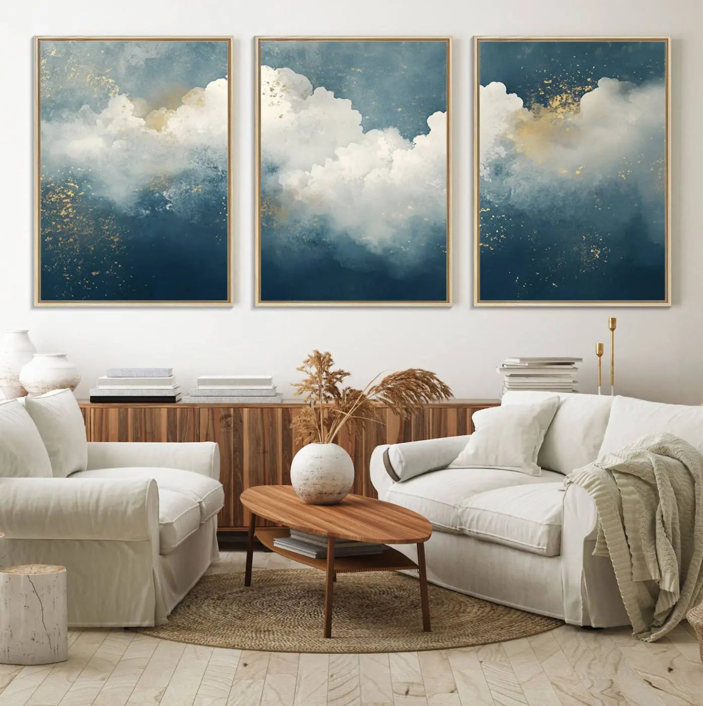 75131-MGV-FC-60X30-3P_Natural-Abstract Canvas Wall Art - Textured Blue and White Painting with Gold Accents - Modern Minimalist