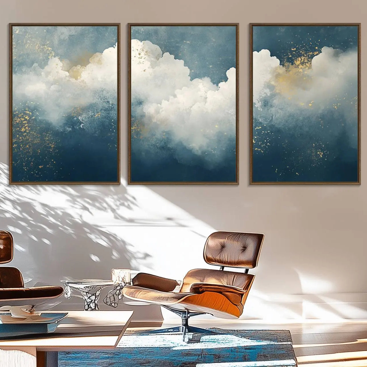 75131-MGV-FC-60X30-3P_Walnut-Abstract Blue White Wall Art Canvas Print – Modern Gold Accent Minimalist Artwork for Home, Office, Living Room Decor
