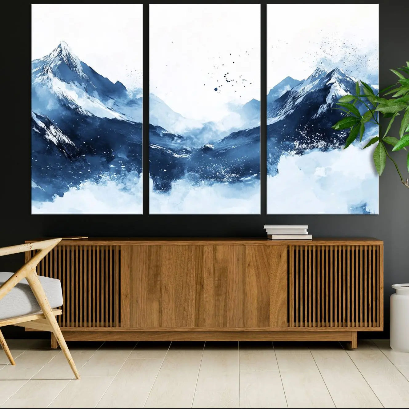 93536-MGV-CV-36X24-Abstract Deep Blue Mountain Wall Art Canvas Print – Snowy White Landscape Modern Nature Artwork for Home, Office Decor