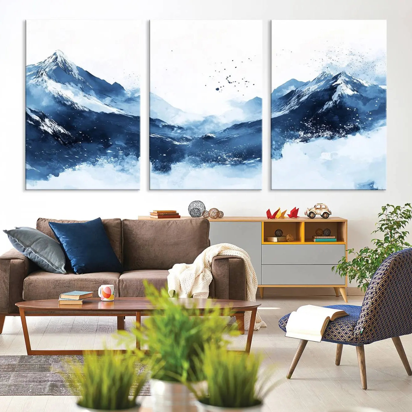 93536-MGV-CV-36X24-Abstract Deep Blue Mountain Wall Art Canvas Print – Snowy White Landscape Modern Nature Artwork for Home, Office Decor