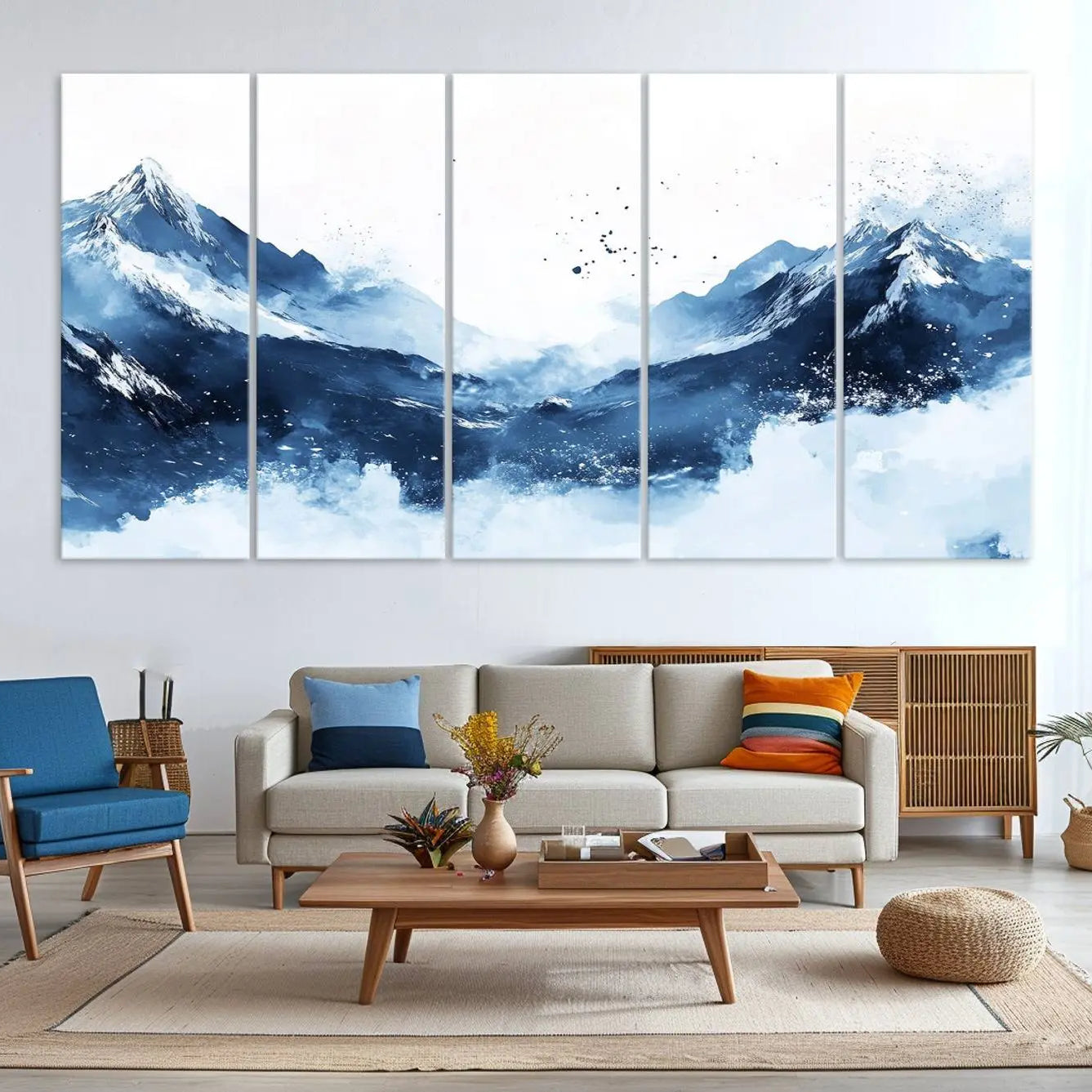 93536-MGV-CV-36X24-Abstract Deep Blue Mountain Wall Art Canvas Print – Snowy White Landscape Modern Nature Artwork for Home, Office Decor
