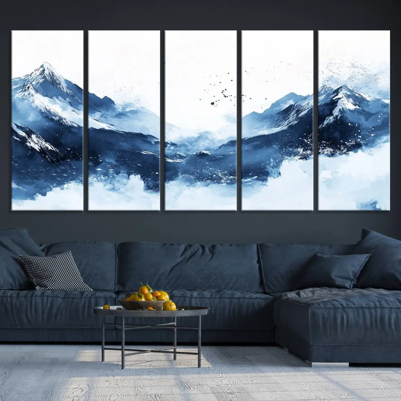 93536-MGV-CV-36X24-Abstract Deep Blue Mountain Wall Art Canvas Print – Snowy White Landscape Modern Nature Artwork for Home, Office Decor