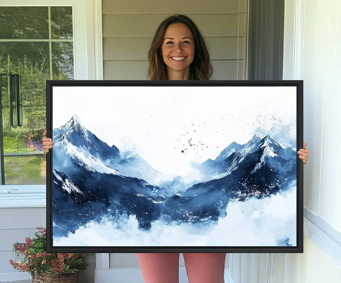 93536-MGV-CV-36X24-Abstract Deep Blue Mountain Canvas Wall Art Print - Blue and White Snowy Landscape Painting - Modern