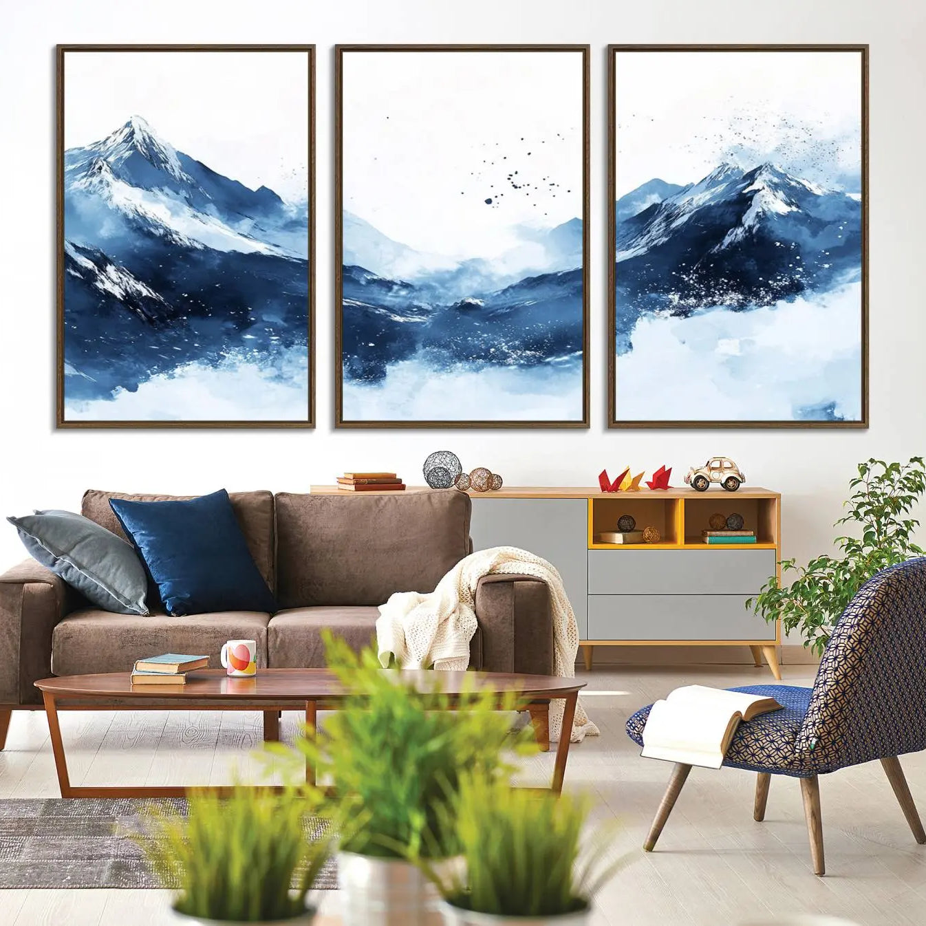 93536-MGV-CV-36X24-Abstract Deep Blue Mountain Wall Art Canvas Print – Snowy White Landscape Modern Nature Artwork for Home, Office Decor