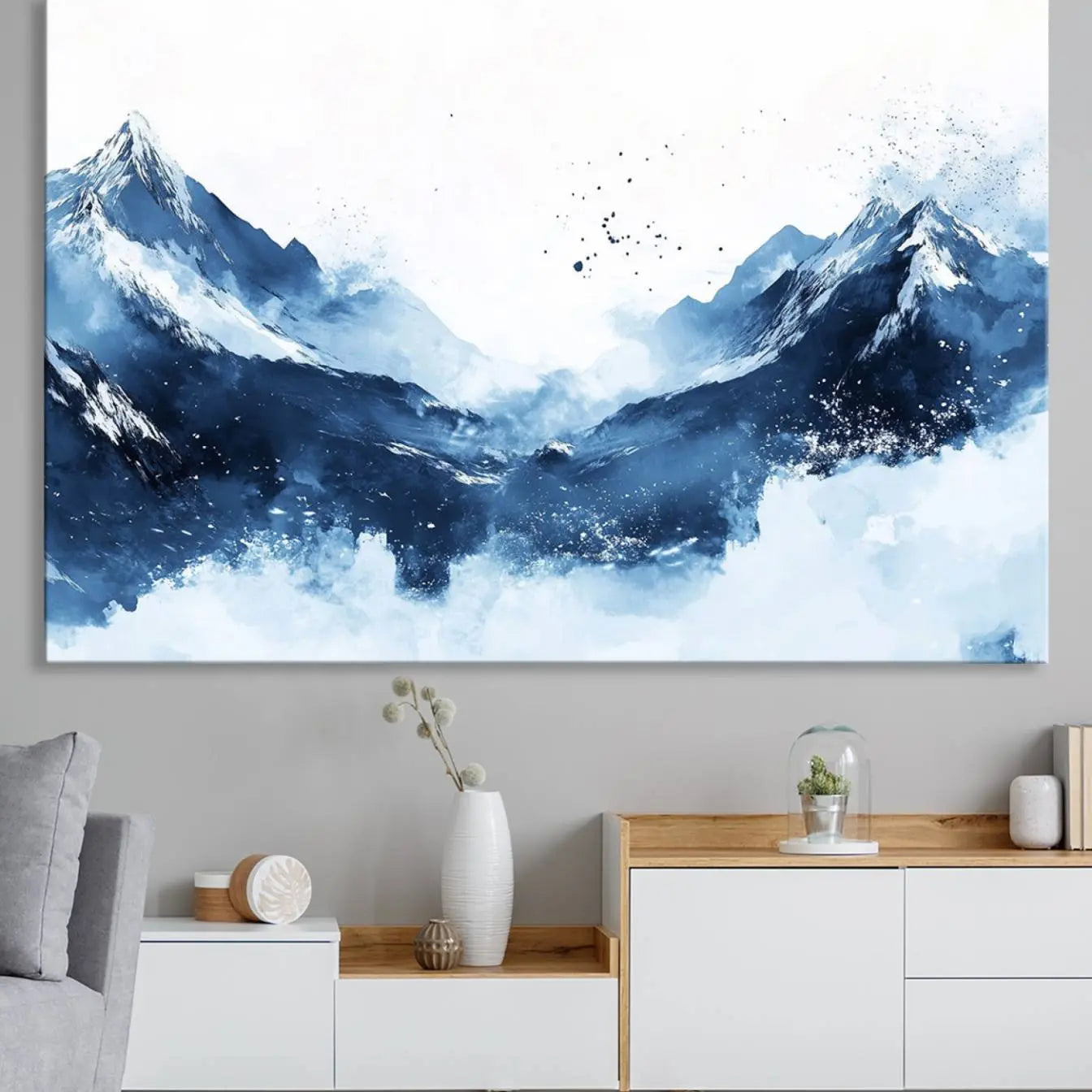 93536-MGV-CV-36X24-Abstract Deep Blue Mountain Wall Art Canvas Print – Snowy White Landscape Modern Nature Artwork for Home, Office Decor