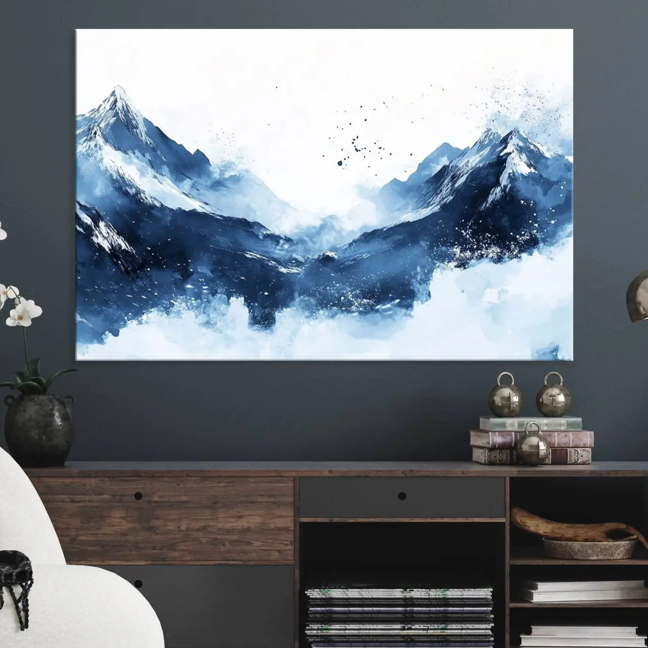 93536-MGV-CV-36X24-Abstract Deep Blue Mountain Wall Art Canvas Print – Snowy White Landscape Modern Nature Artwork for Home, Office Decor