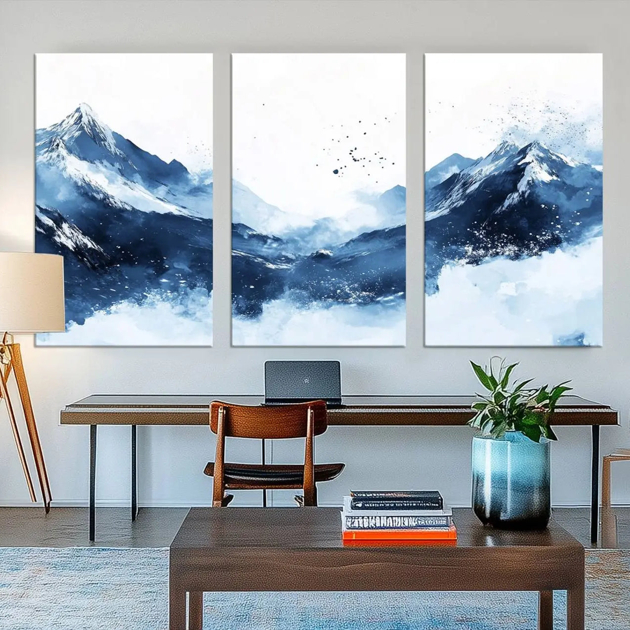 93536-MGV-CV-48X32-3P-Abstract Deep Blue Mountain Wall Art Canvas Print – Snowy White Landscape Modern Nature Artwork for Home, Office Decor