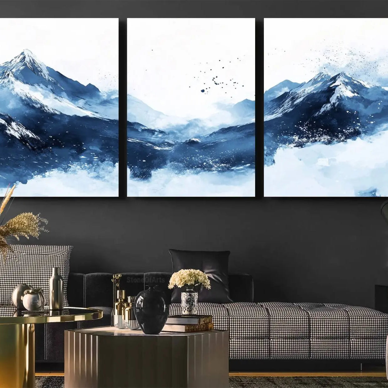 93536-MGV-CV-36X24-Abstract Deep Blue Mountain Wall Art Canvas Print – Snowy White Landscape Modern Nature Artwork for Home, Office Decor