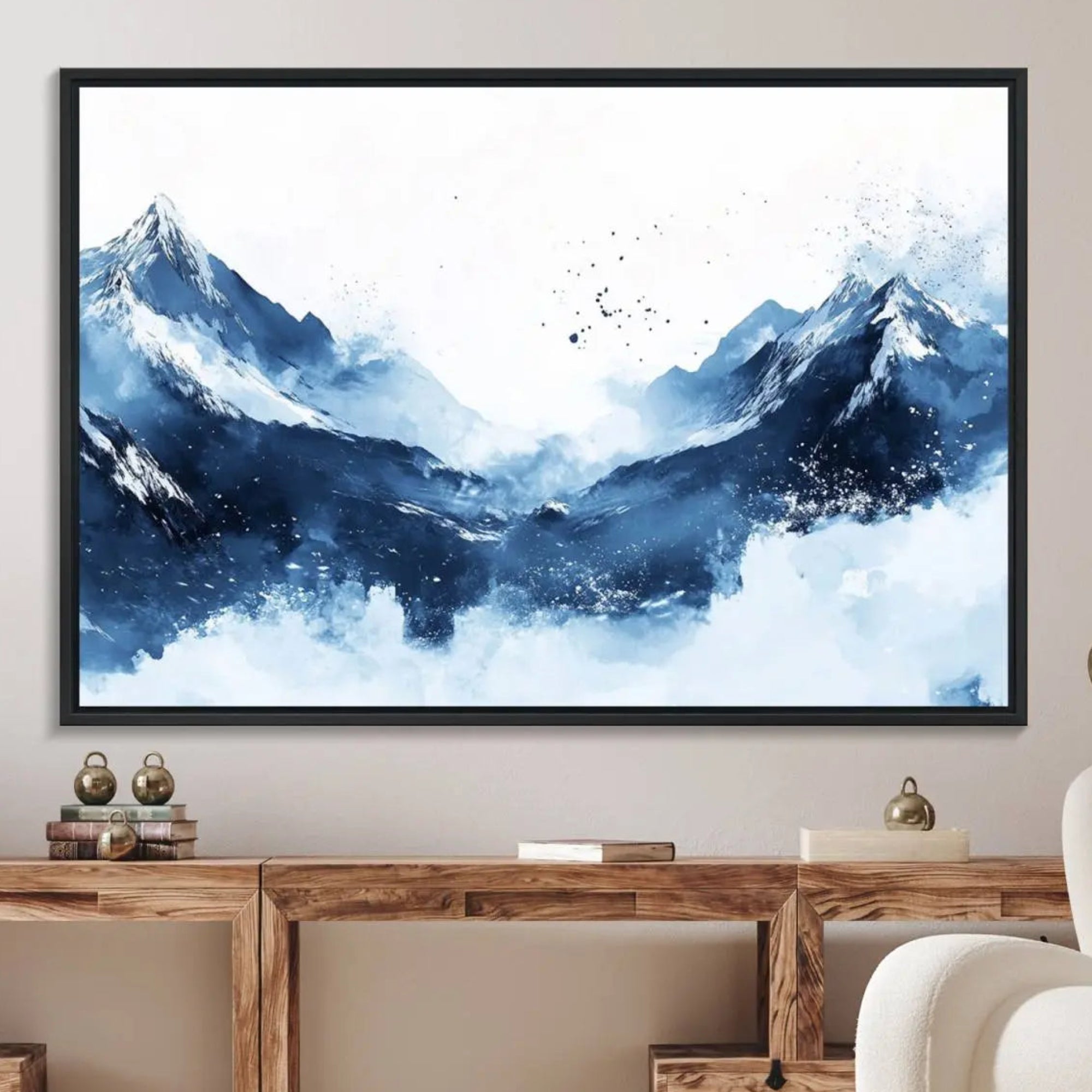 93536-MGV-FC-36X24_Black-Abstract Deep Blue Mountain Canvas Wall Art Print - Blue and White Snowy Landscape Painting - Modern