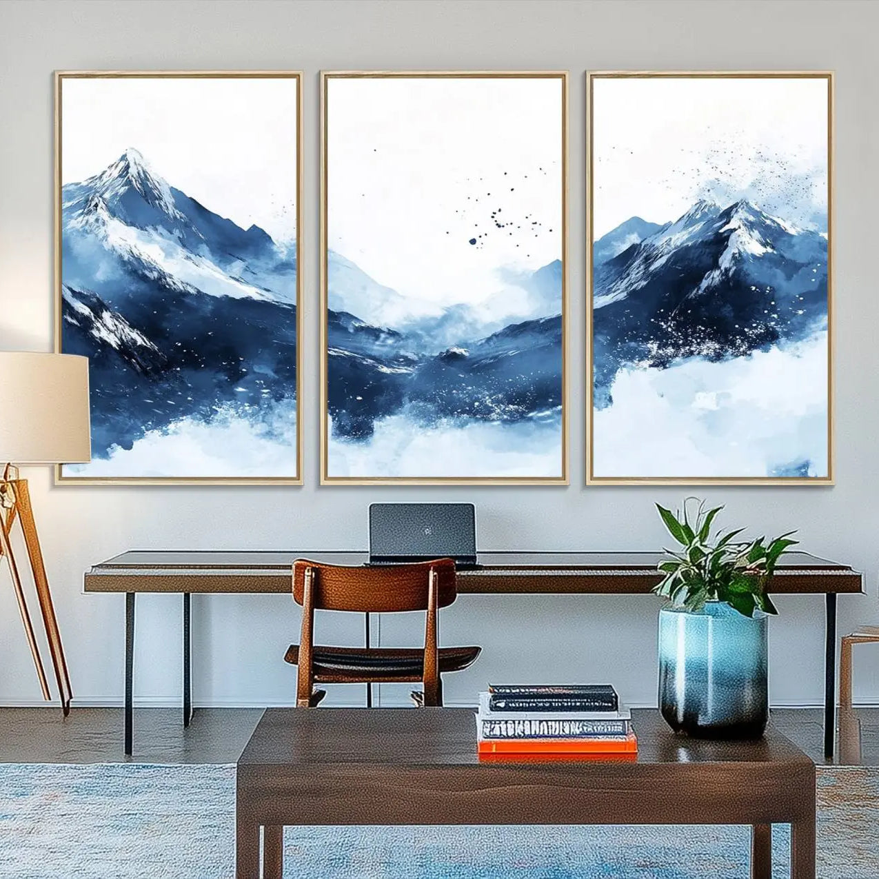 93536-MGV-FC-48X32-3P_Natural-Abstract Deep Blue Mountain Wall Art Canvas Print – Snowy White Landscape Modern Nature Artwork for Home, Office Decor