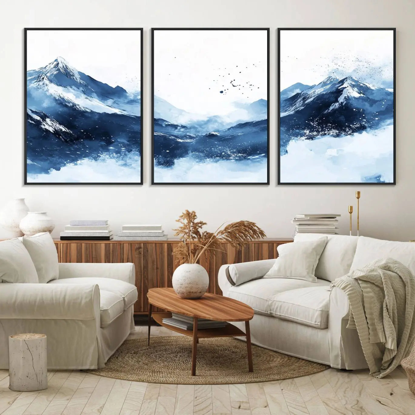 93536-MGV-FC-60X30-3P_Black-Abstract Deep Blue Mountain Wall Art Canvas Print – Snowy White Landscape Modern Nature Artwork for Home, Office Decor
