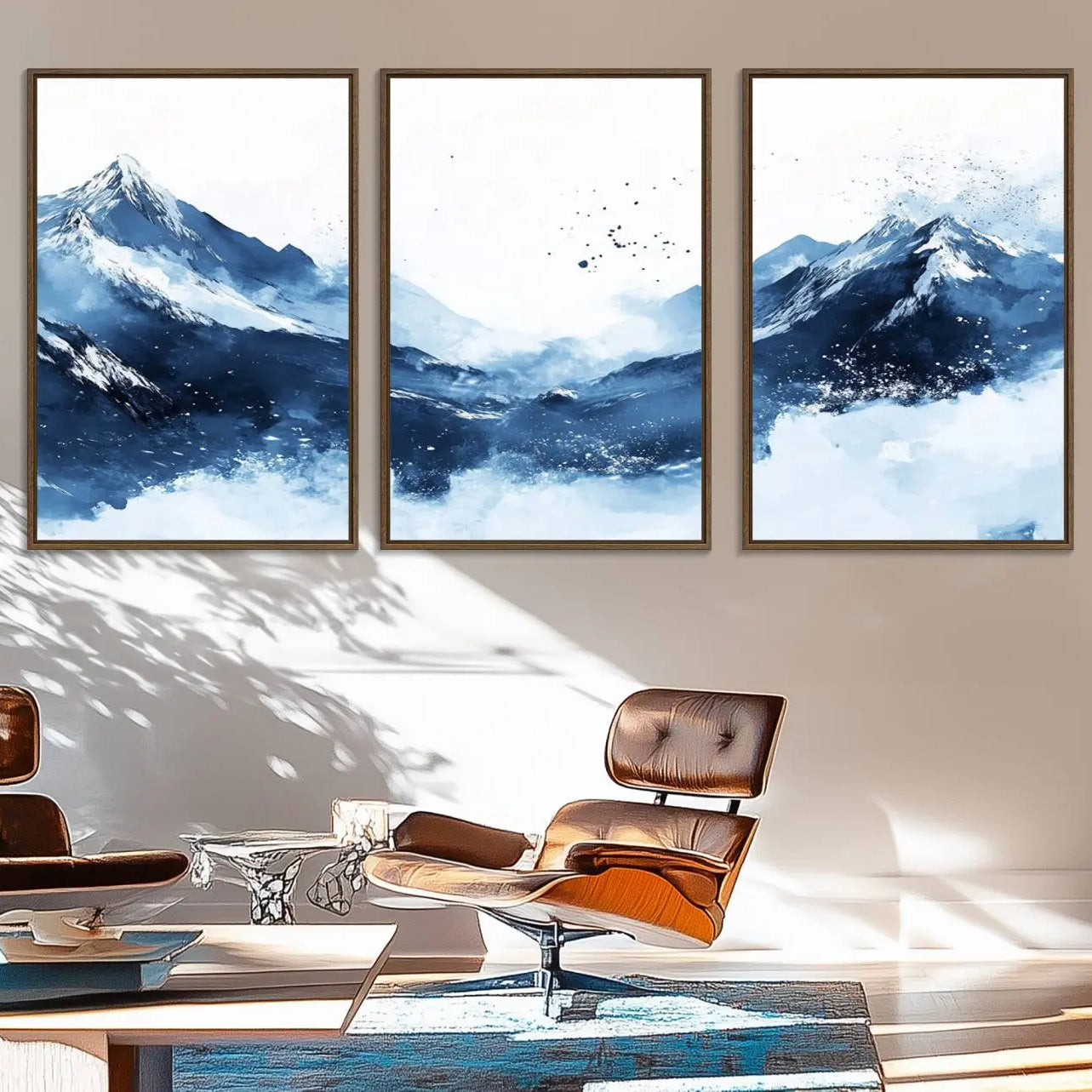 93536-MGV-FC-60X30-3P_Walnut-Abstract Deep Blue Mountain Wall Art Canvas Print – Snowy White Landscape Modern Nature Artwork for Home, Office Decor