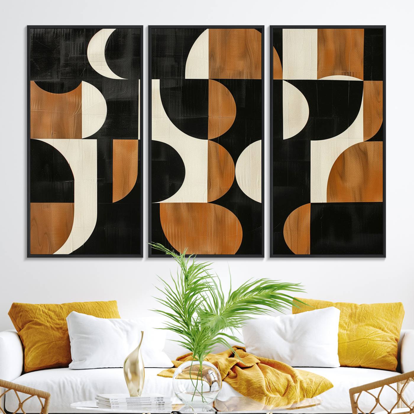 95169-MGV-FC-48X32-3P_Black-Abstract Geometric Wabi Sabi Wall Art Canvas Print Set – Minimalist Mid-Century Contemporary Artwork for Home, Office