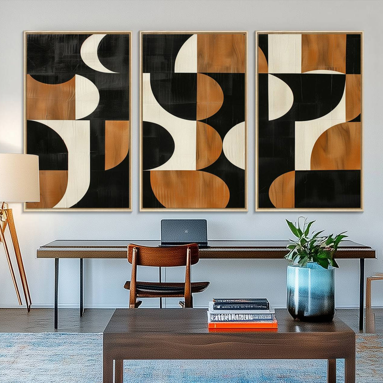 95169-MGV-FC-48X32-3P_Natural-Abstract Geometric Wabi Sabi Wall Art Canvas Print Set – Minimalist Mid-Century Contemporary Artwork for Home, Office
