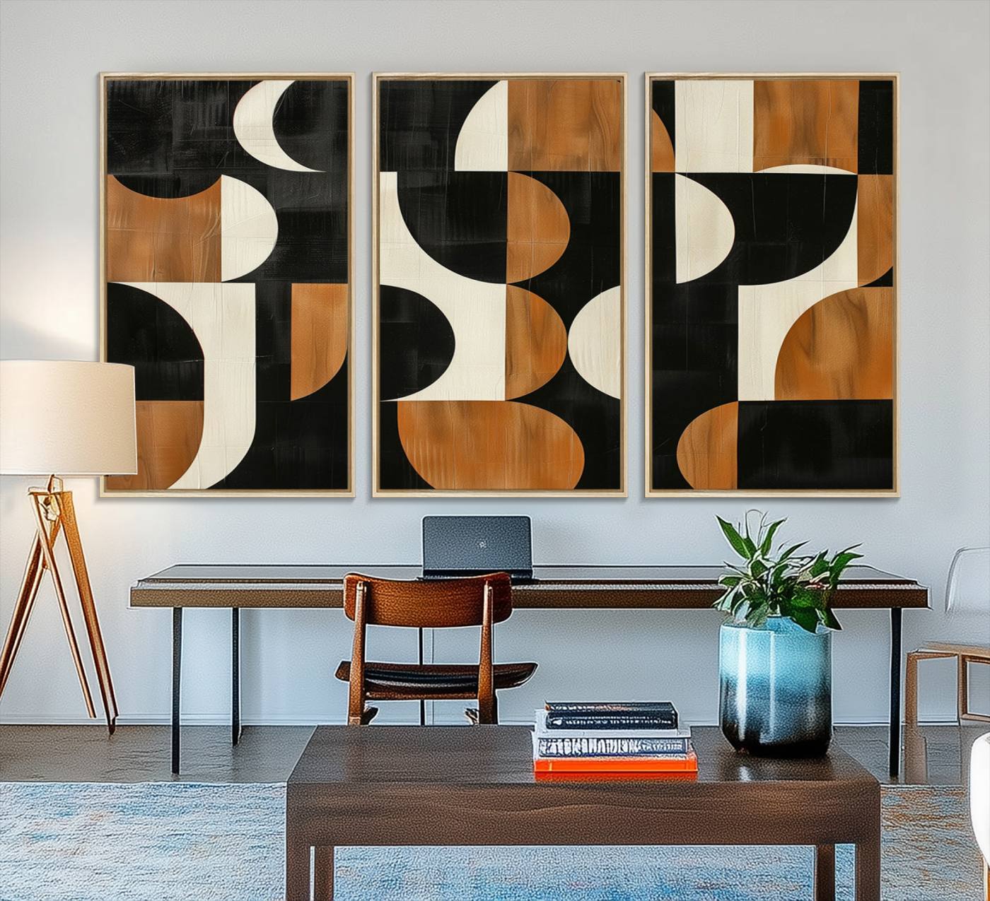 95169-MGV-FC-48X32-3P_Natural-Abstract Geometric Wabi Sabi Wall Art Canvas Print Set – Minimalist Mid-Century Contemporary Artwork for Home, Office