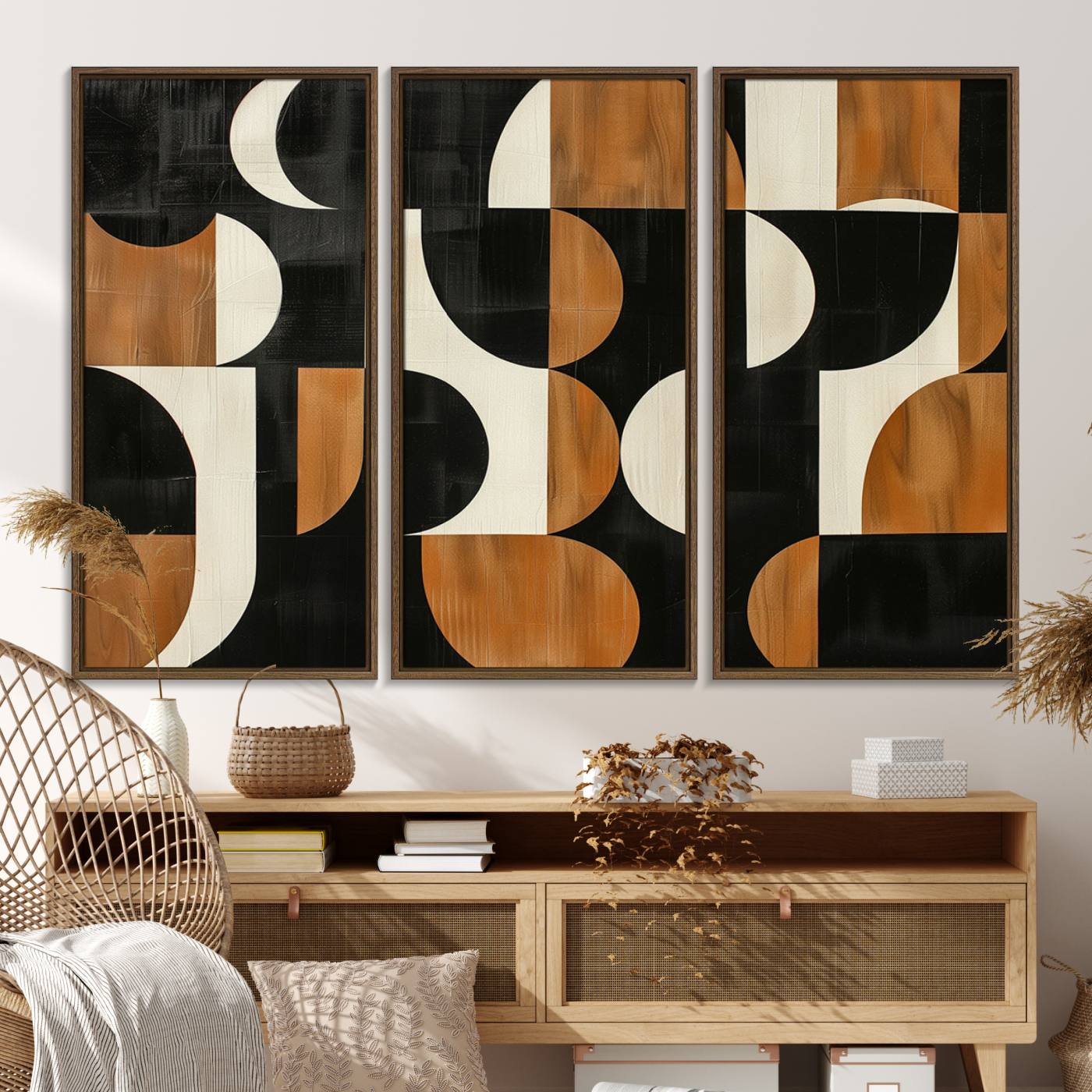 95169-MGV-FC-48X32-3P_Walnut-Abstract Geometric Wabi Sabi Wall Art Canvas Print Set – Minimalist Mid-Century Contemporary Artwork for Home, Office