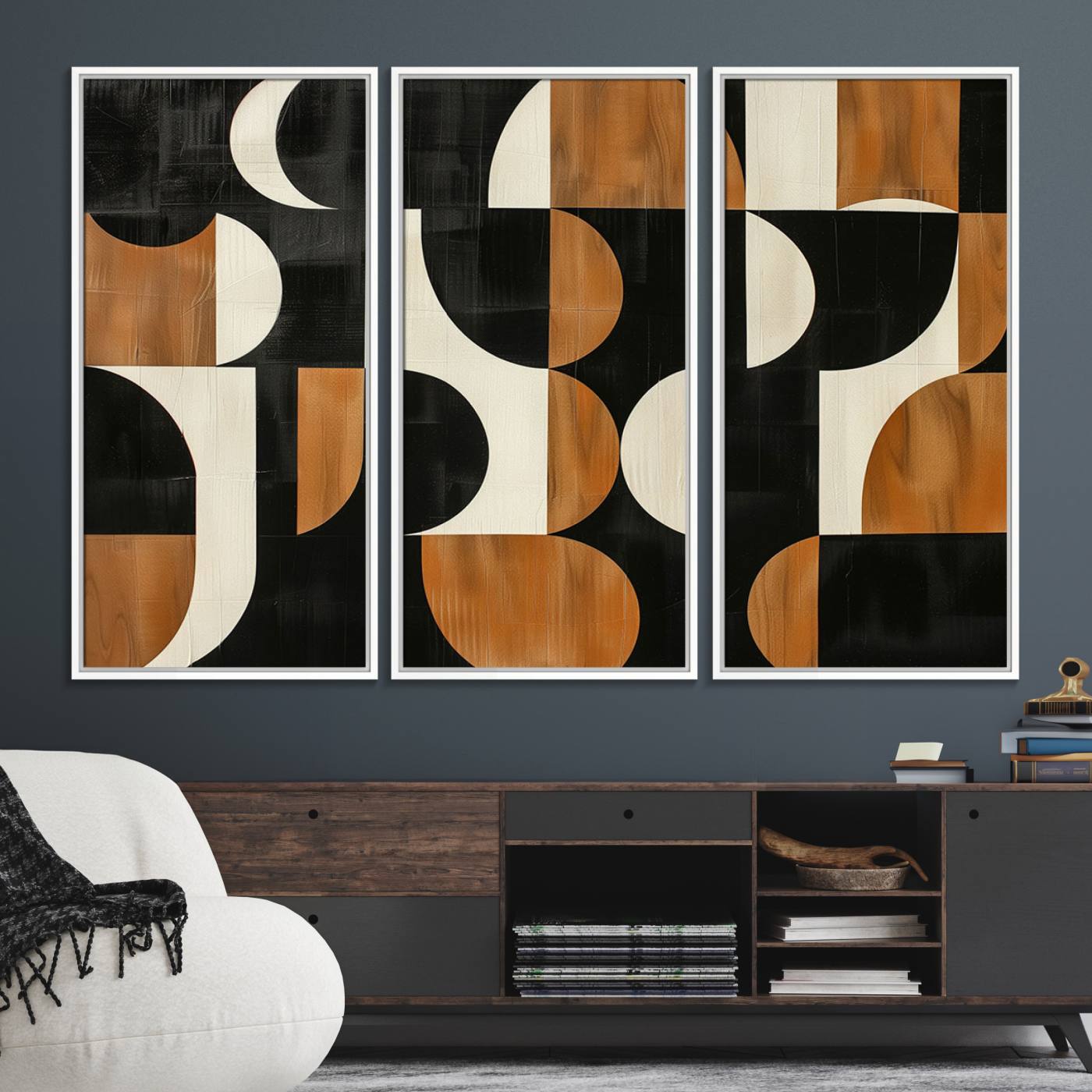 95169-MGV-FC-48X32-3P_White-Abstract Geometric Wabi Sabi Wall Art Canvas Print Set – Minimalist Mid-Century Contemporary Artwork for Home, Office