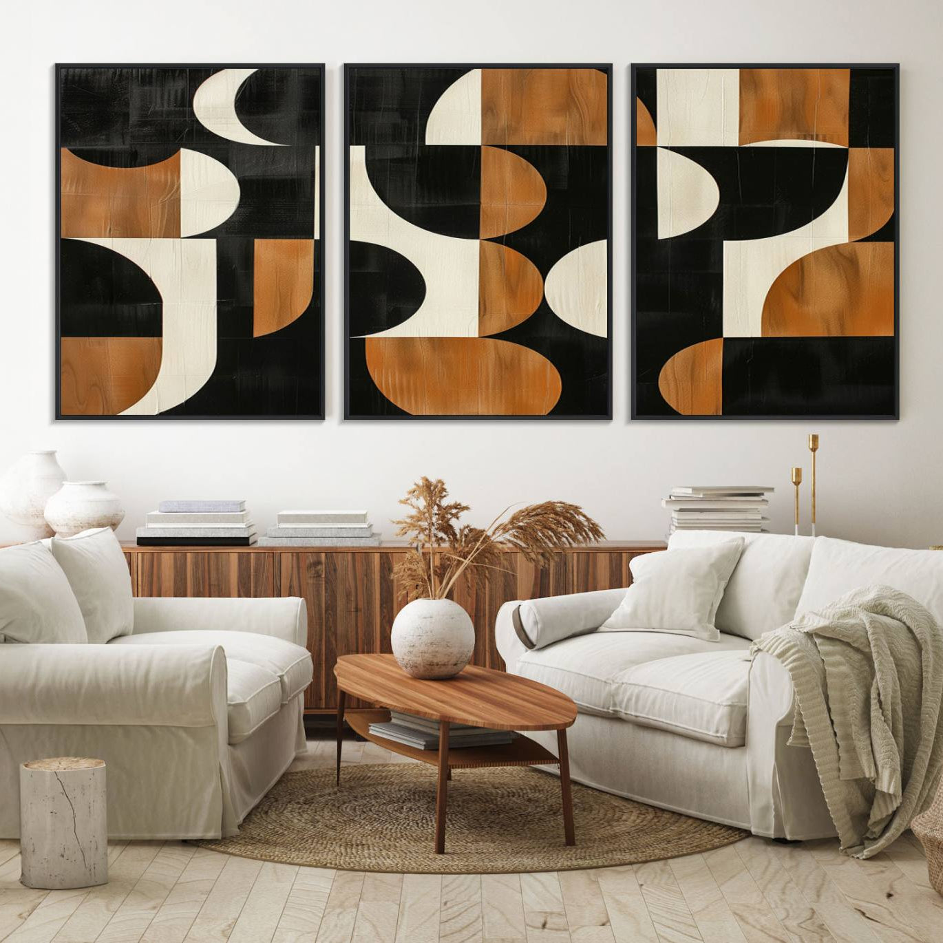 95169-MGV-FC-60X30-3P_Black-Abstract Geometric Wabi Sabi Wall Art Canvas Print Set – Minimalist Mid-Century Contemporary Artwork for Home, Office