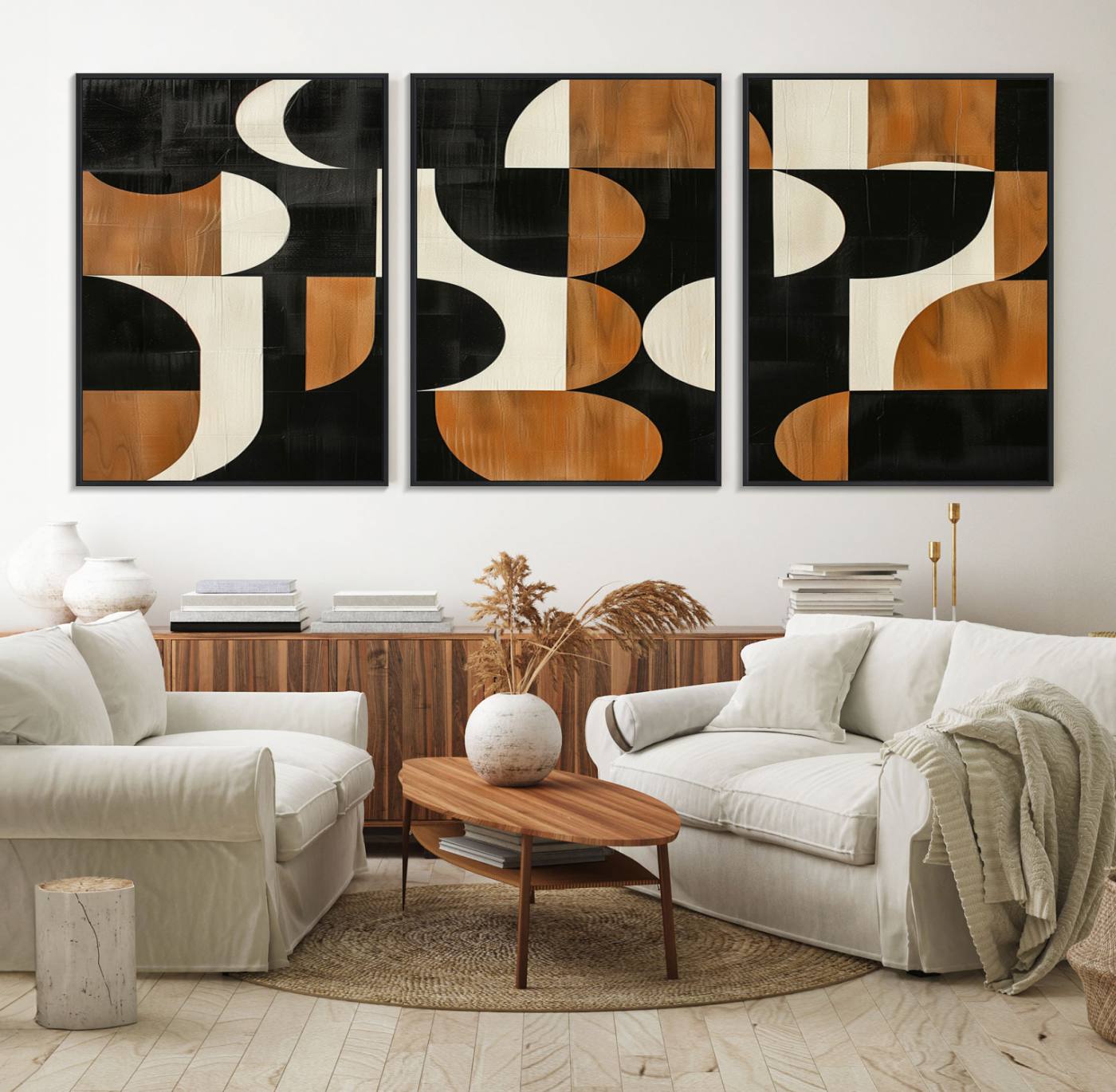 95169-MGV-FC-60X30-3P_Black-Abstract Geometric Wabi Sabi Wall Art Canvas Print Set – Minimalist Mid-Century Contemporary Artwork for Home, Office