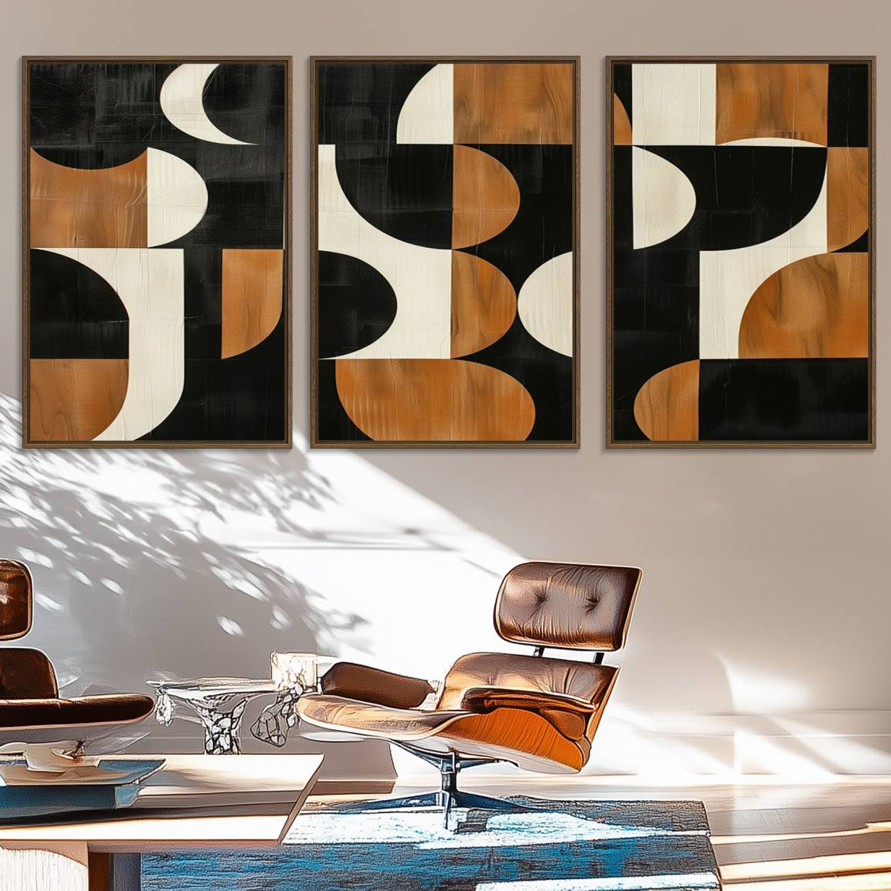 95169-MGV-FC-60X30-3P_Walnut-Abstract Geometric Wabi Sabi Wall Art Canvas Print Set – Minimalist Mid-Century Contemporary Artwork for Home, Office