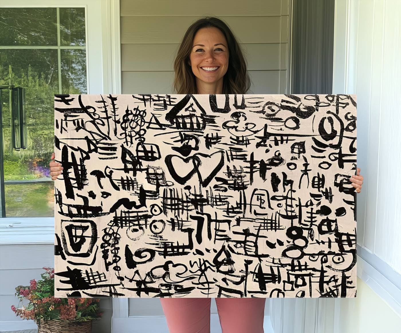 68273-MGV-CV-36X24-Abstract Love and Chaos Canvas Print, Black Symbols on Beige