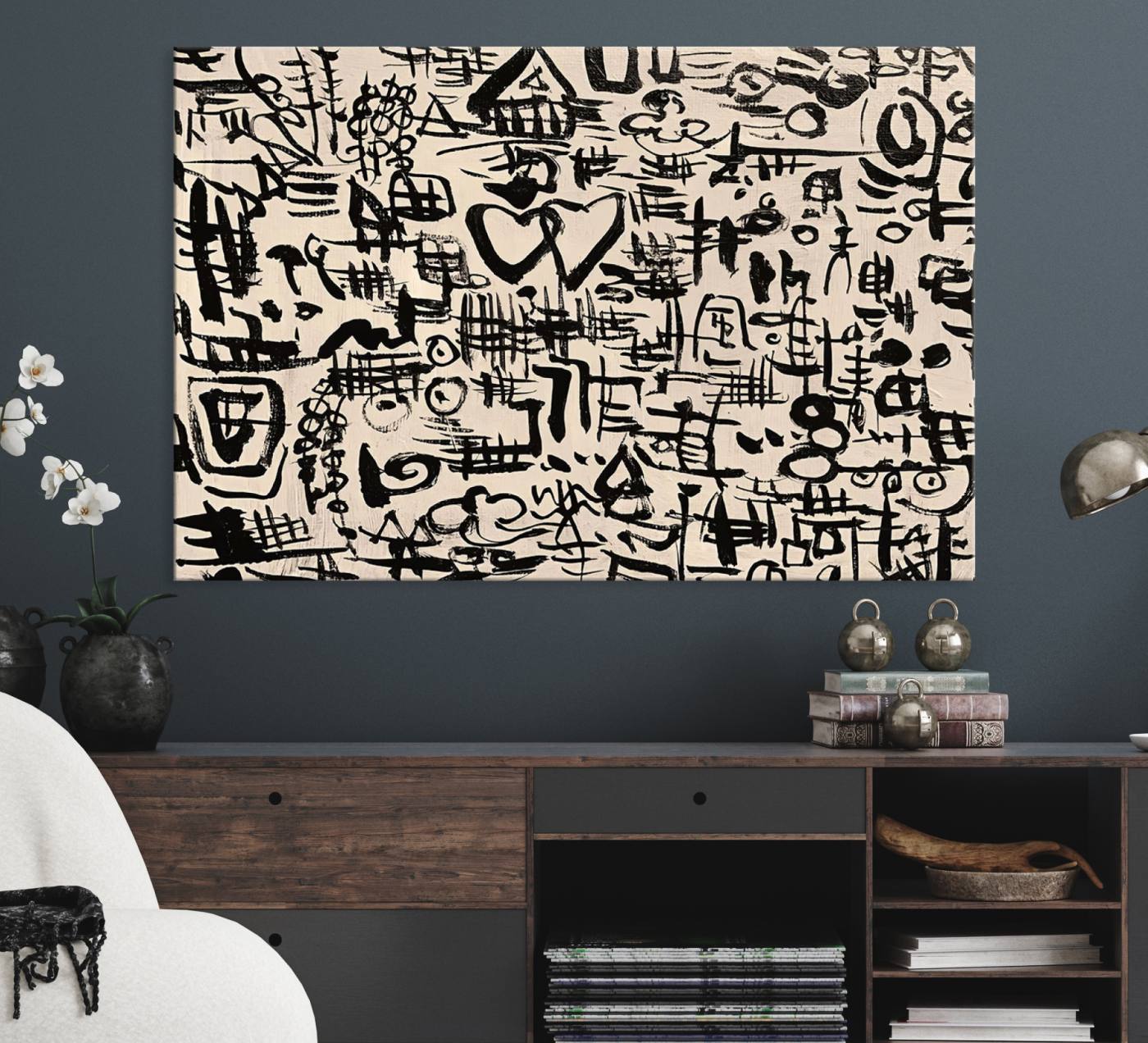 68273-MGV-CV-36X24-Abstract Love and Chaos Canvas Print, Black Symbols on Beige