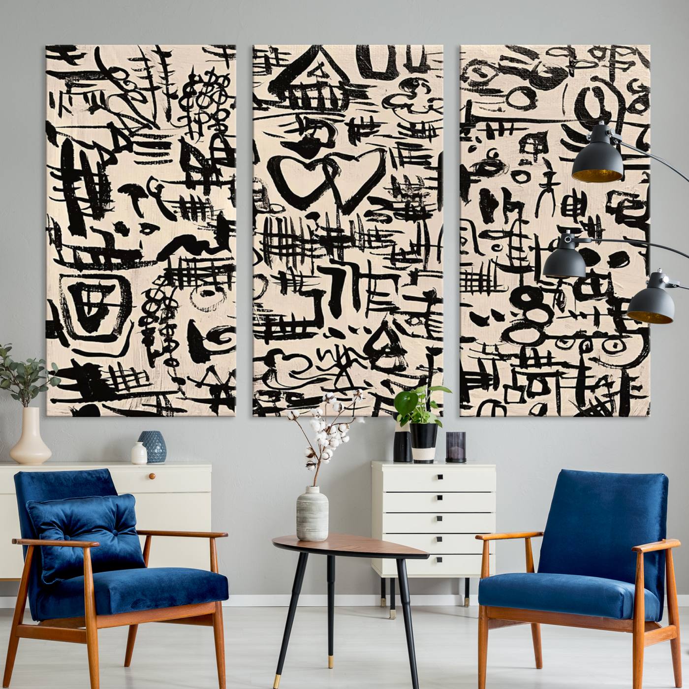 68273-MGV-CV-36X24-Abstract Love and Chaos Canvas Print, Black Symbols on Beige