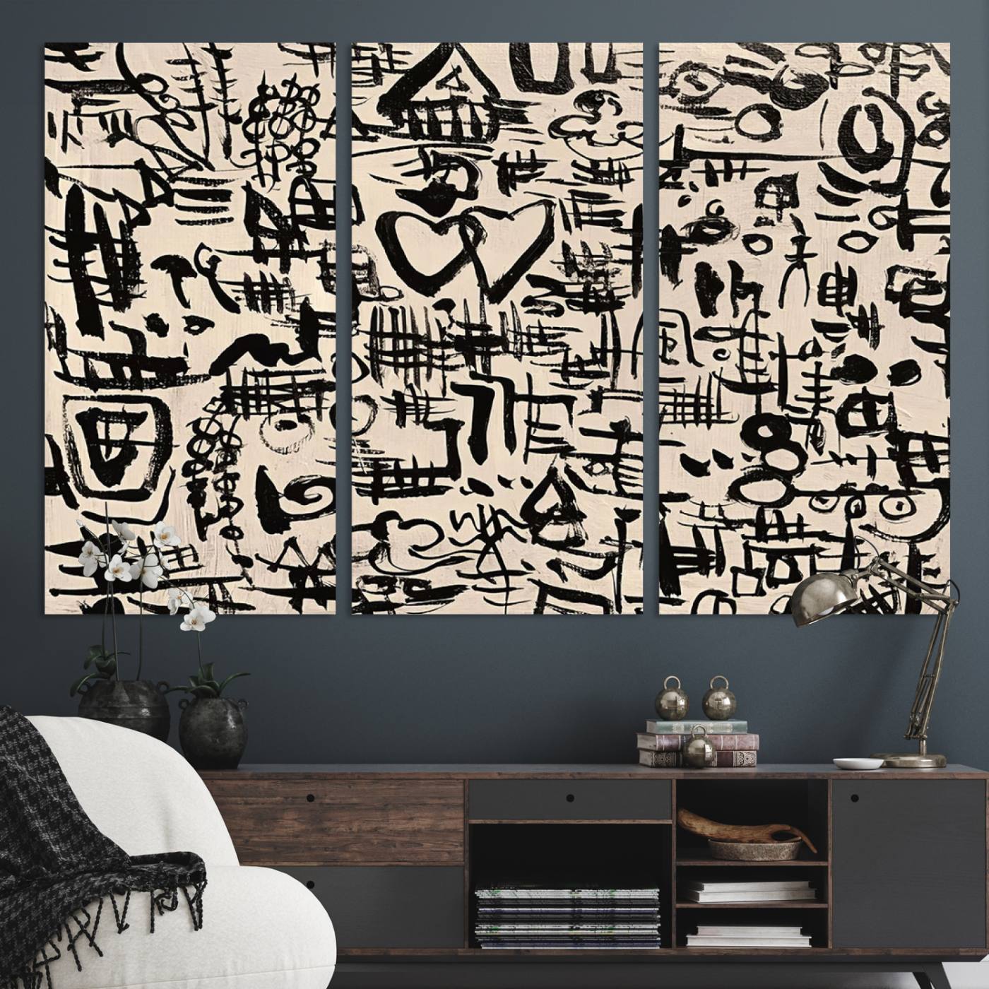 68273-MGV-CV-36X24-Abstract Love and Chaos Canvas Print, Black Symbols on Beige