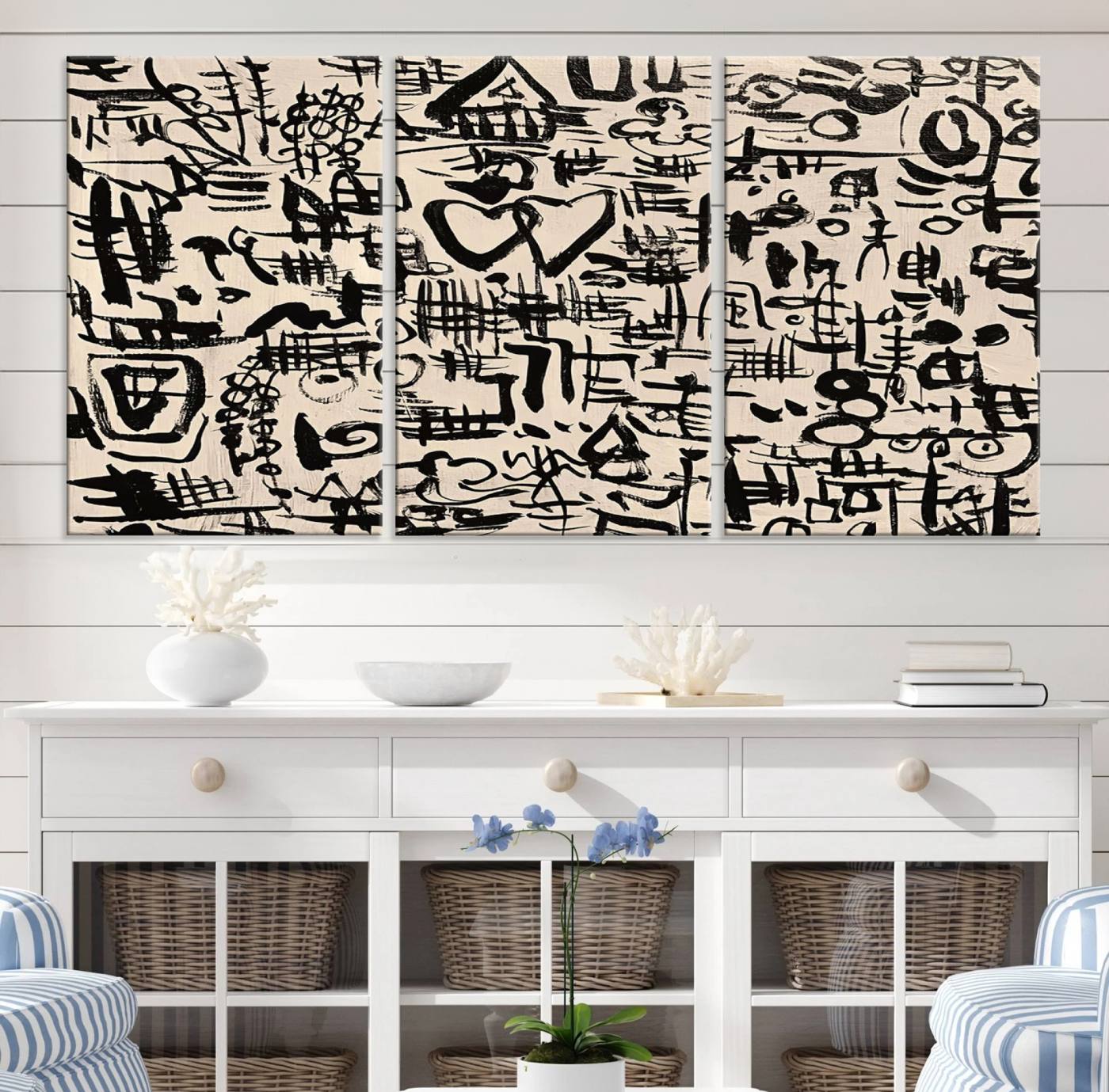 68273-MGV-CV-36X24-Abstract Love and Chaos Canvas Print, Black Symbols on Beige