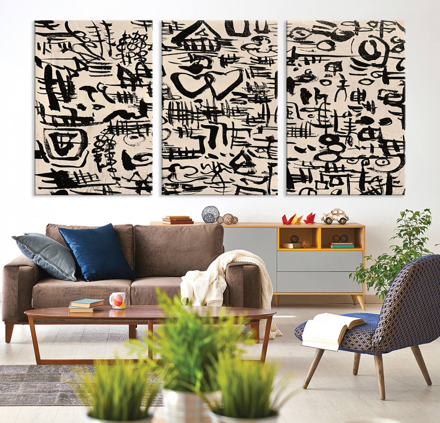 68273-MGV-CV-36X24-Abstract Love and Chaos Canvas Print, Black Symbols on Beige