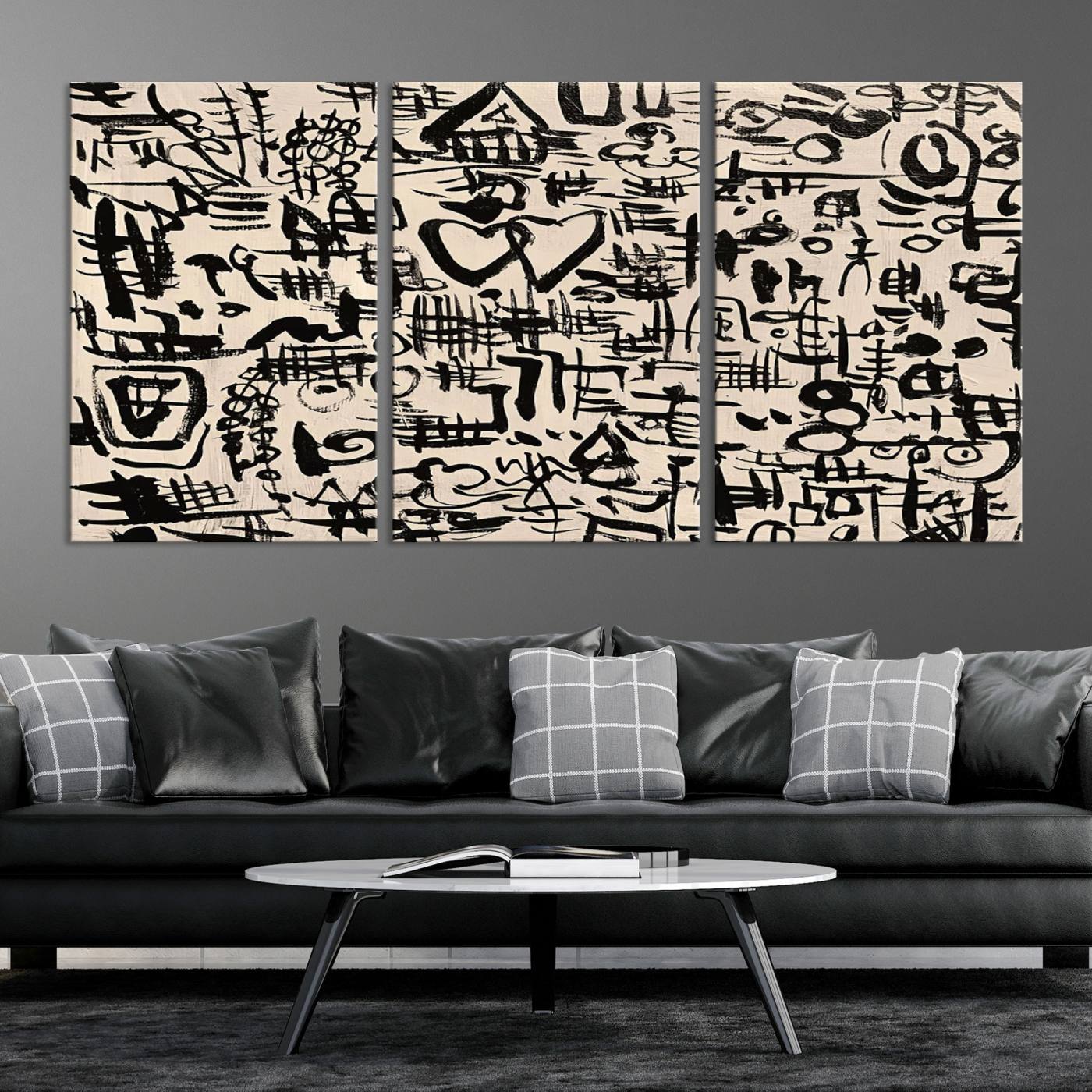 68273-MGV-CV-36X24-Abstract Love and Chaos Canvas Print, Black Symbols on Beige