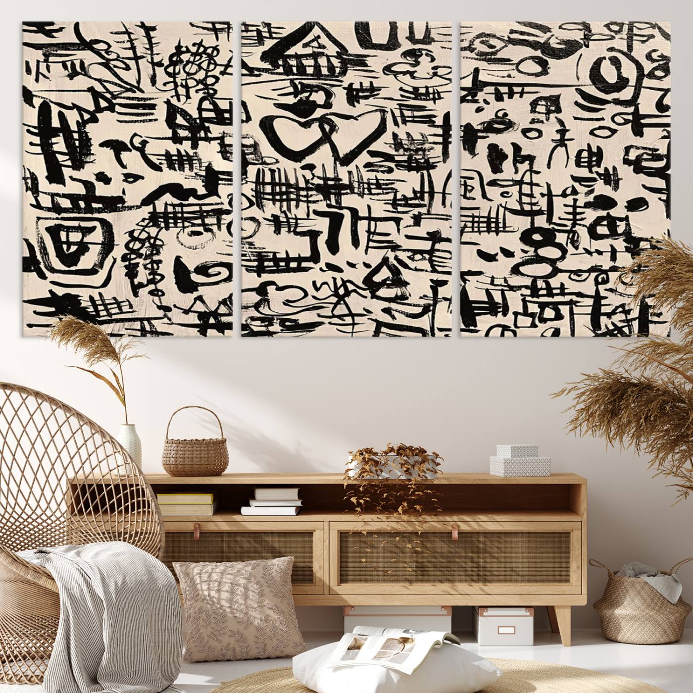 68273-MGV-CV-36X24-Abstract Love and Chaos Canvas Print, Black Symbols on Beige