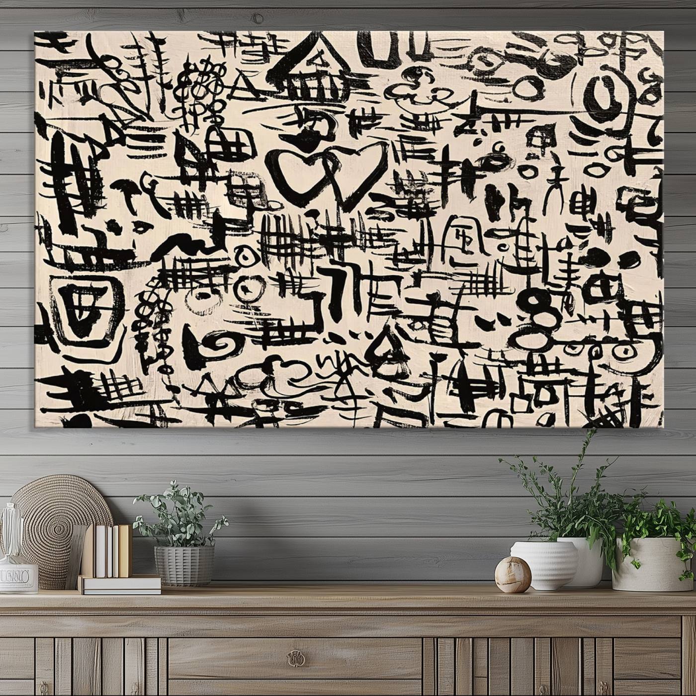 68273-MGV-CV-36X24-Abstract Love and Chaos Canvas Print, Black Symbols on Beige