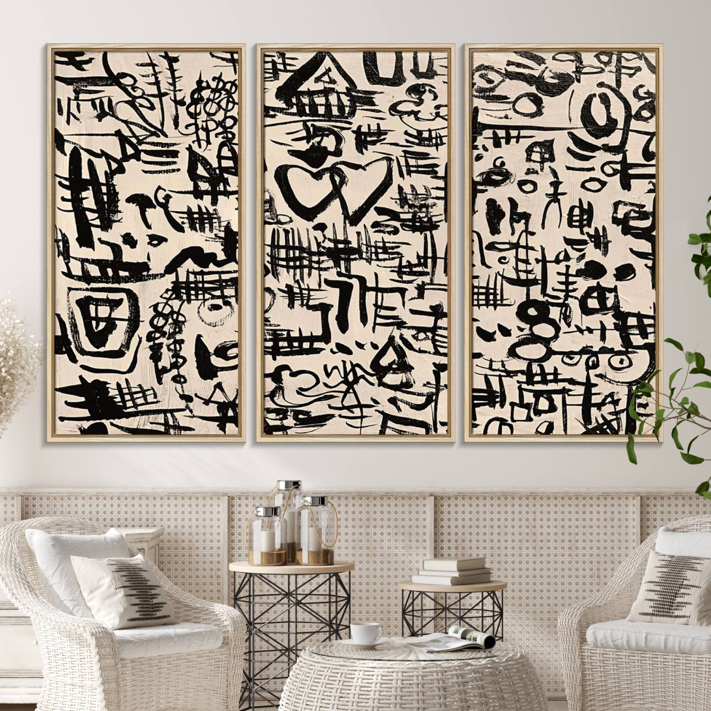 68273-MGV-CV-36X24-Abstract Love and Chaos Canvas Print, Black Symbols on Beige