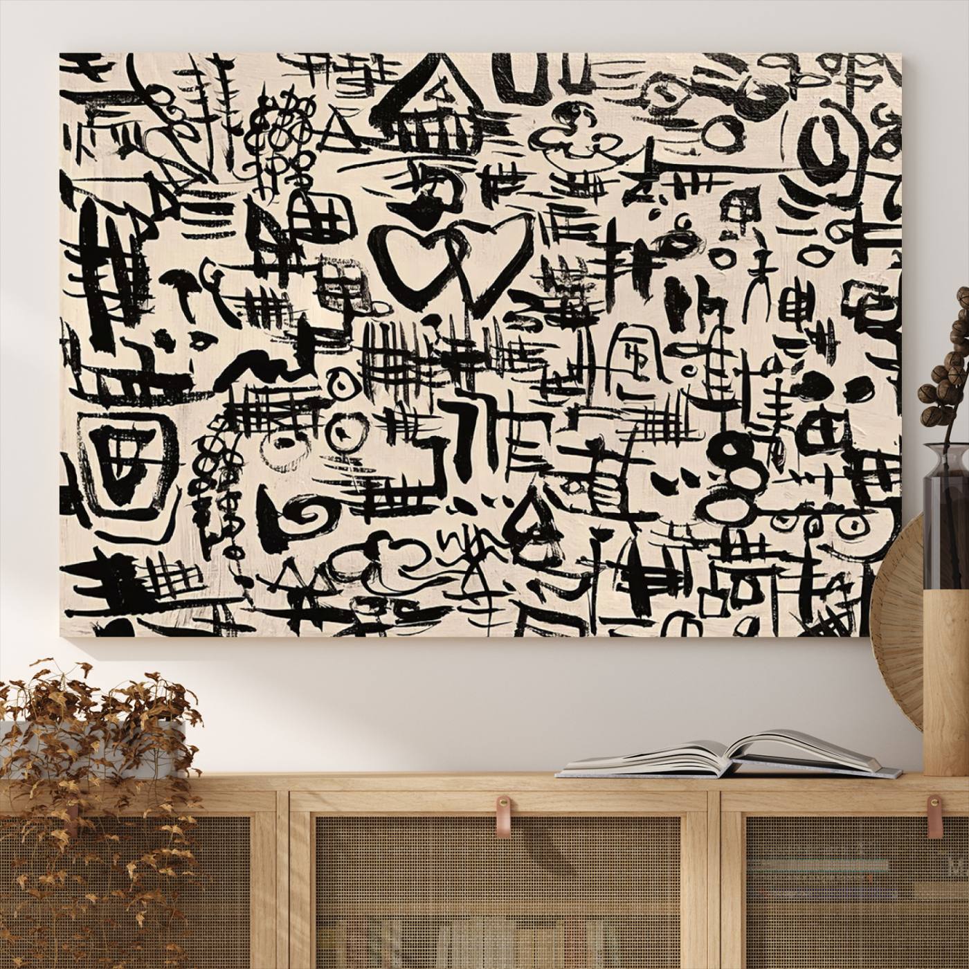 68273-MGV-CV-36X24-Abstract Love and Chaos Canvas Print, Black Symbols on Beige
