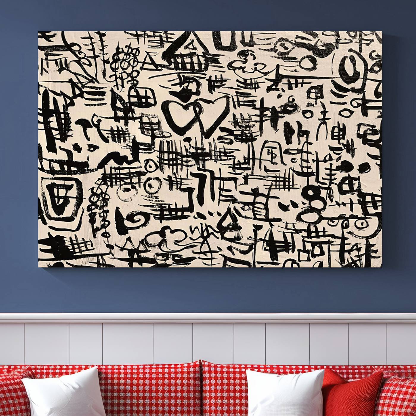 68273-MGV-CV-36X24-Abstract Love and Chaos Canvas Print, Black Symbols on Beige