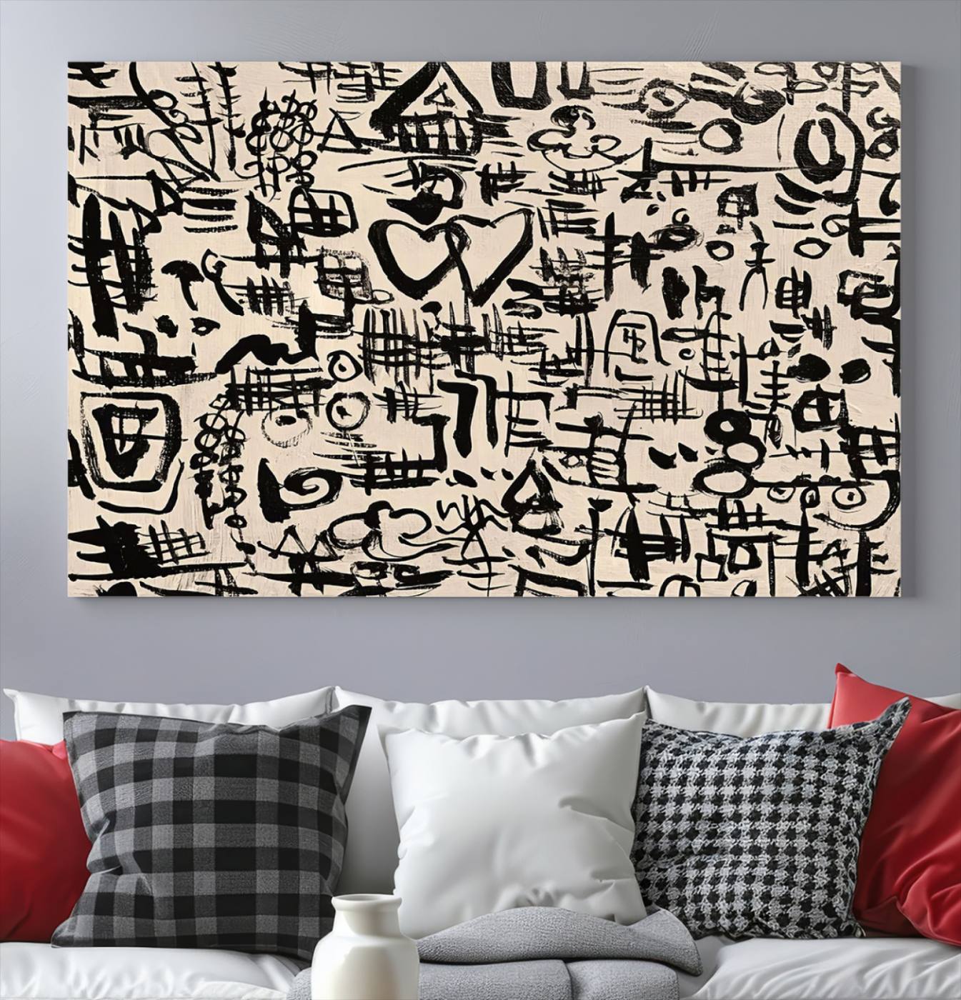 68273-MGV-CV-36X24-Abstract Love and Chaos Canvas Print, Black Symbols on Beige