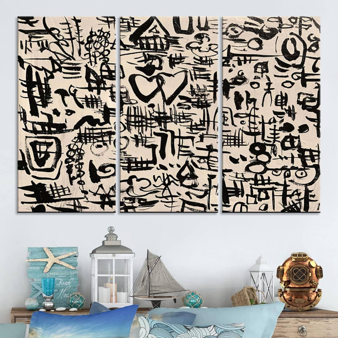68273-MGV-CV-48X32-3P-Abstract Love and Chaos Canvas Print, Black Symbols on Beige