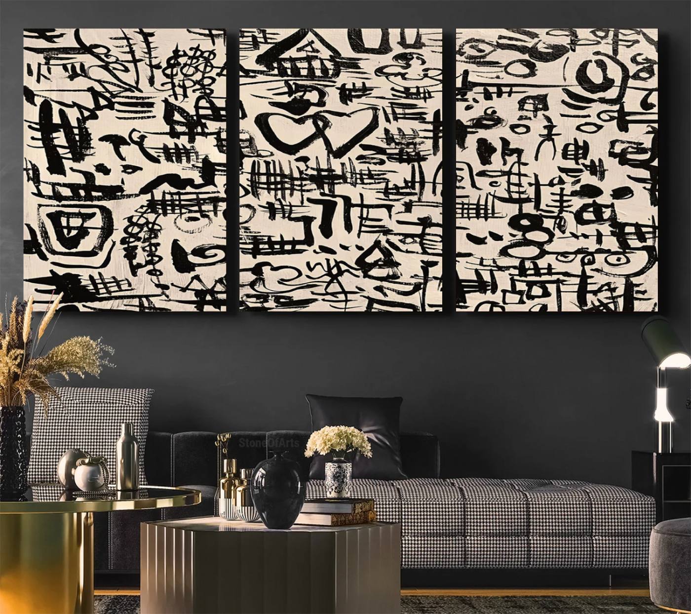 68273-MGV-CV-60X30-3P-Abstract Love and Chaos Canvas Print, Black Symbols on Beige