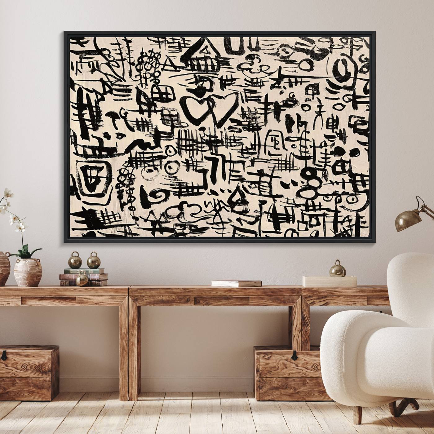68273-MGV-FC-36X24_Black-Abstract Love and Chaos Canvas Print, Black Symbols on Beige
