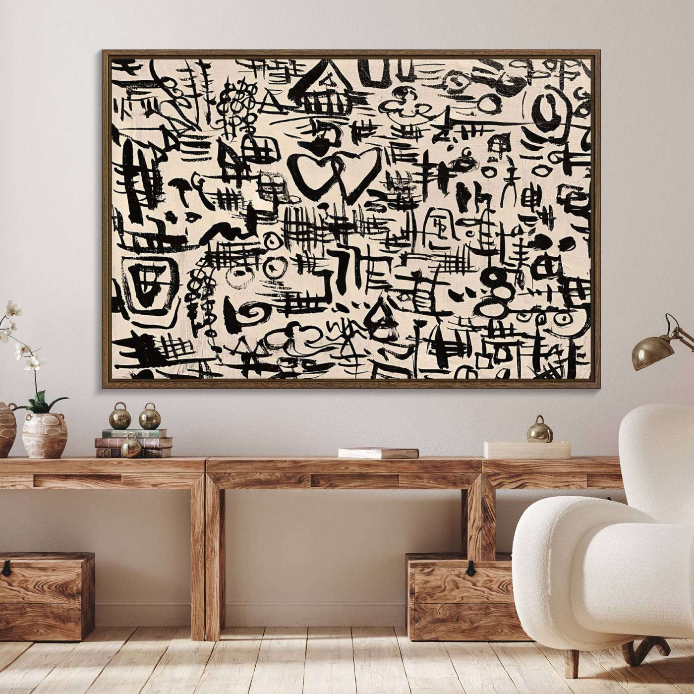 68273-MGV-FC-36X24_Walnut-Abstract Love and Chaos Canvas Print, Black Symbols on Beige
