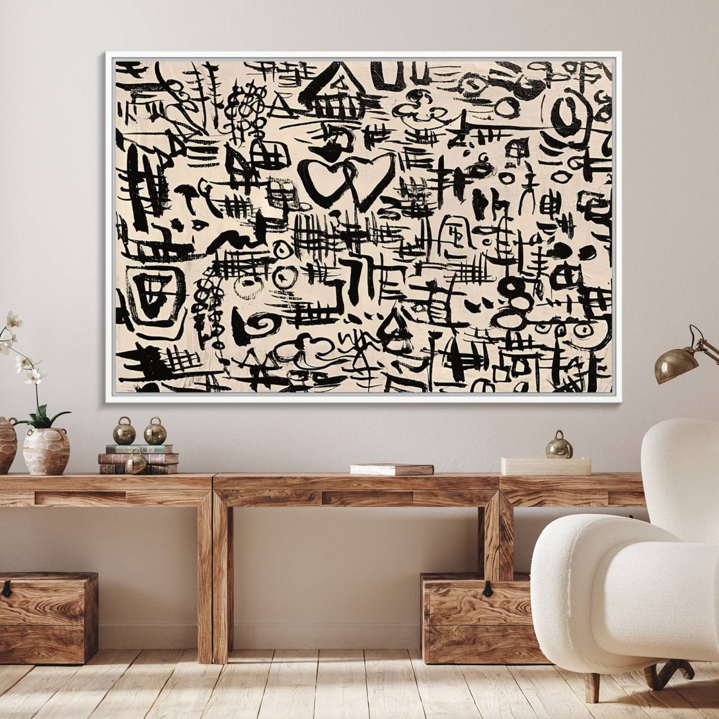 68273-MGV-FC-36X24_White-Abstract Love and Chaos Canvas Print, Black Symbols on Beige